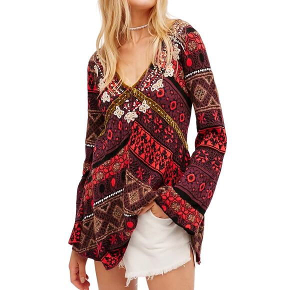 Free People World Traveler Pullover Sweater Embroidered Hippie Boho Whimsygoth - Picture 1 of 8